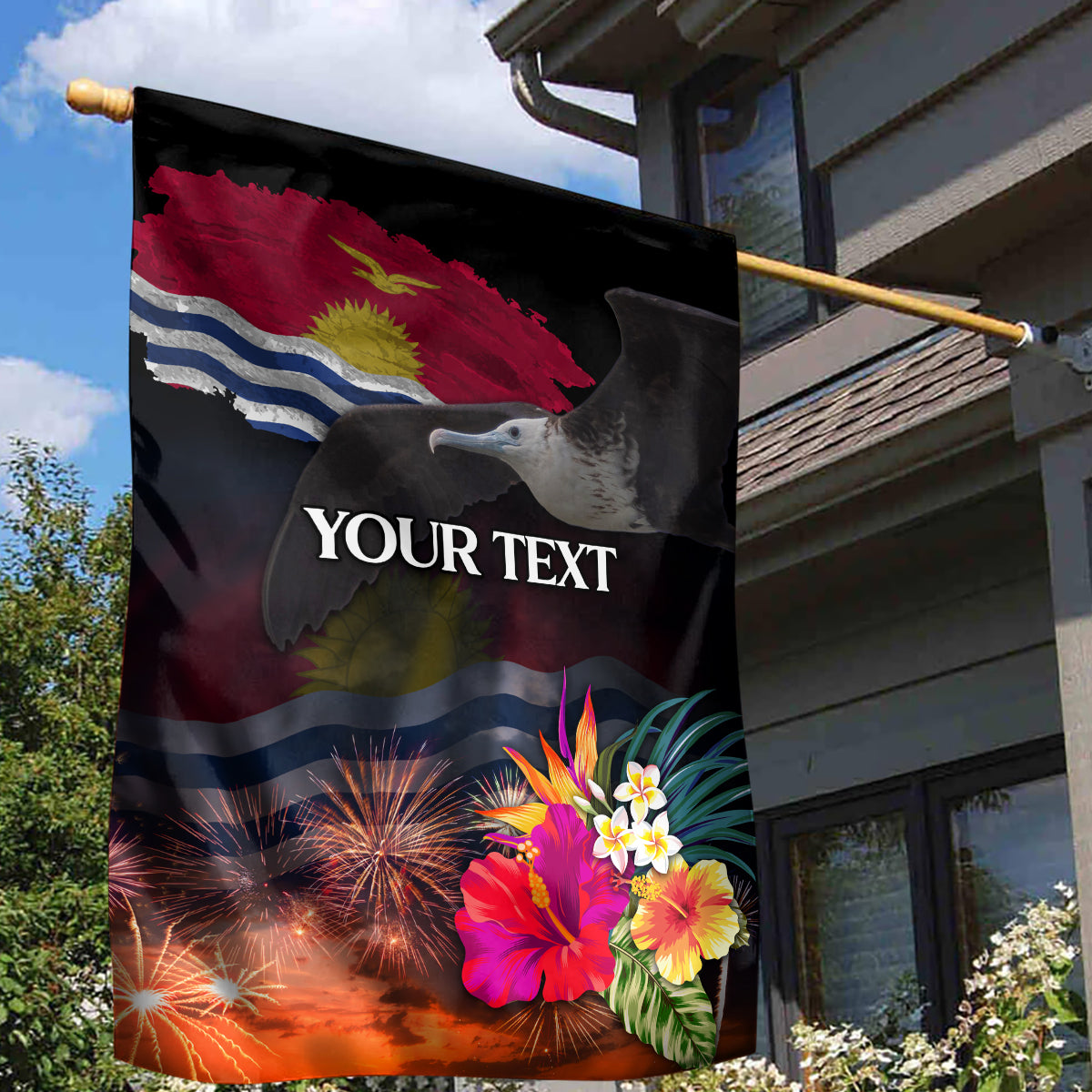 Personalised Kiribati Independence Day Garden Flag Frigatebird and Plumeria Hibiscus Flower LT03 - Polynesian Pride