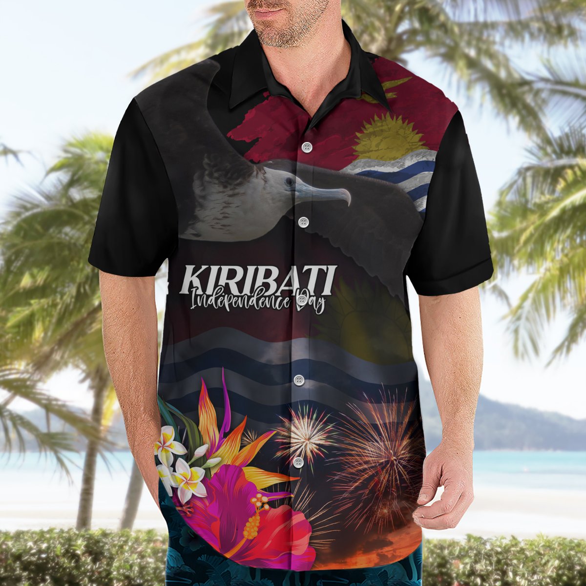 Personalised Kiribati Independence Day Hawaiian Shirt Frigatebird and Plumeria Hibiscus Flower LT03 - Polynesian Pride