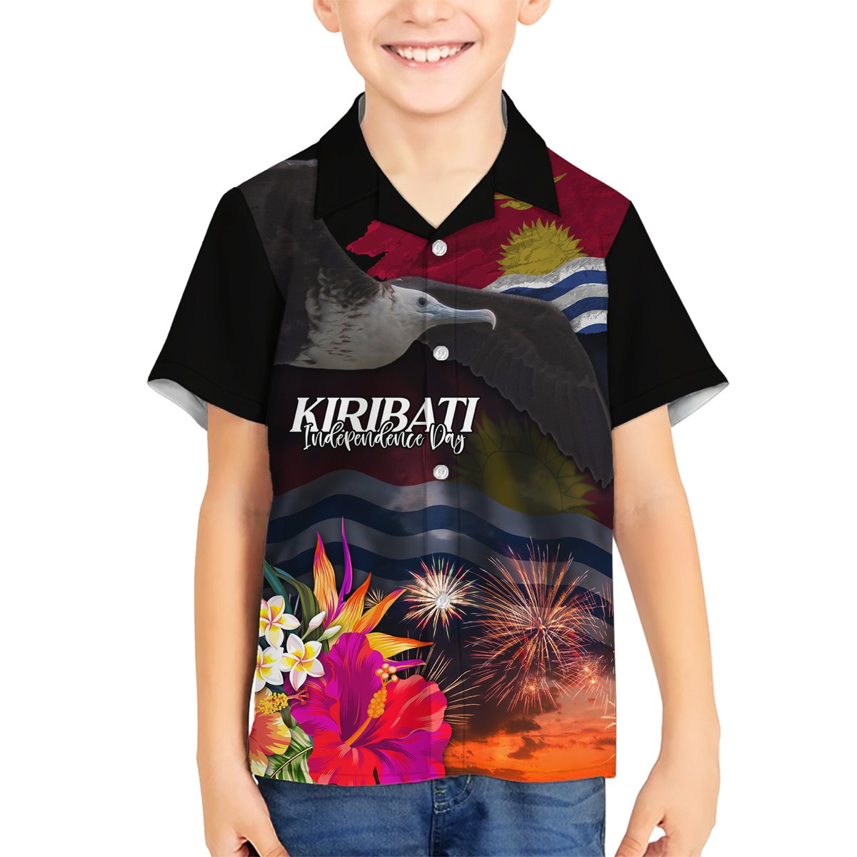 Personalised Kiribati Independence Day Hawaiian Shirt Frigatebird and Plumeria Hibiscus Flower LT03 - Polynesian Pride