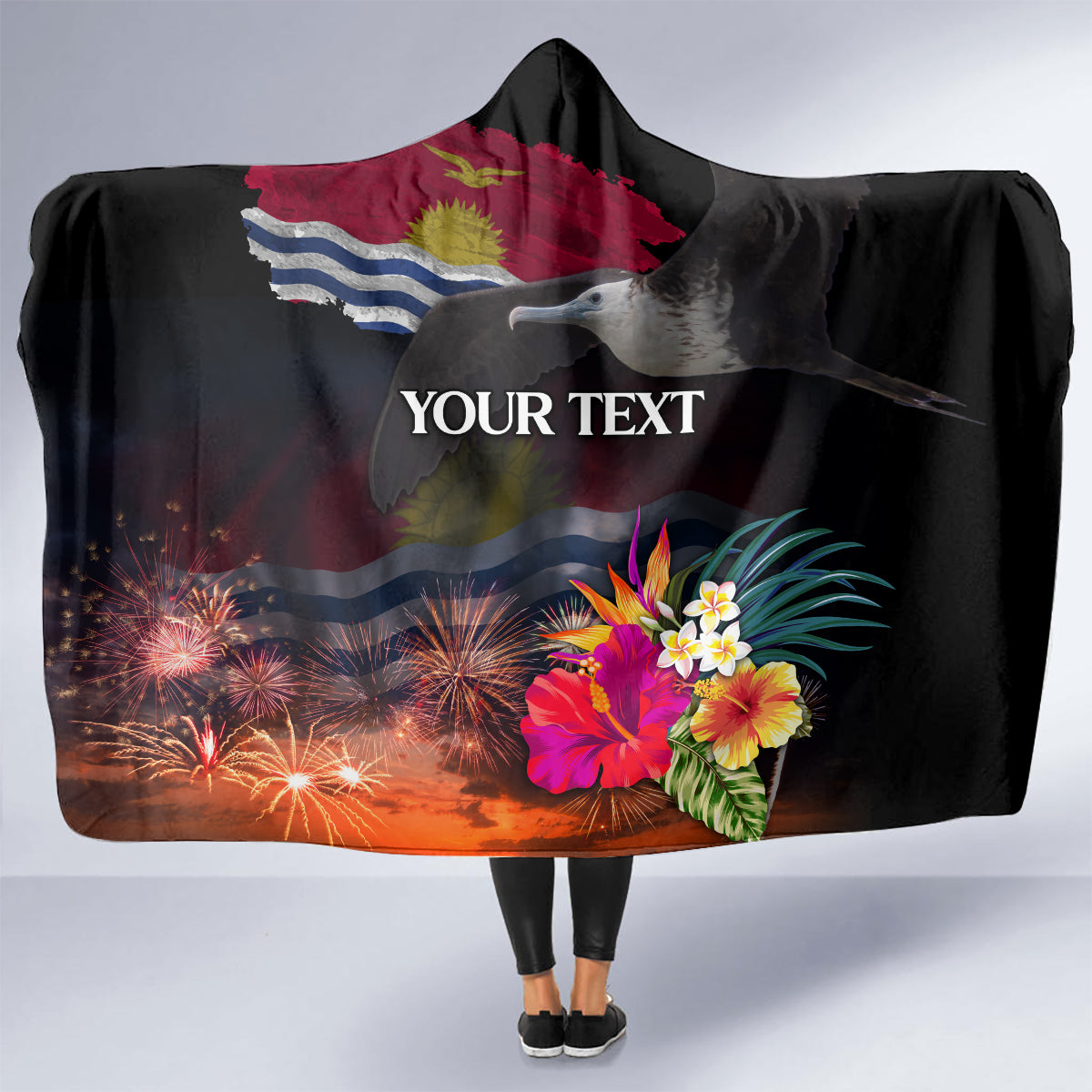 Personalised Kiribati Independence Day Hooded Blanket Frigatebird and Plumeria Hibiscus Flower LT03 - Polynesian Pride