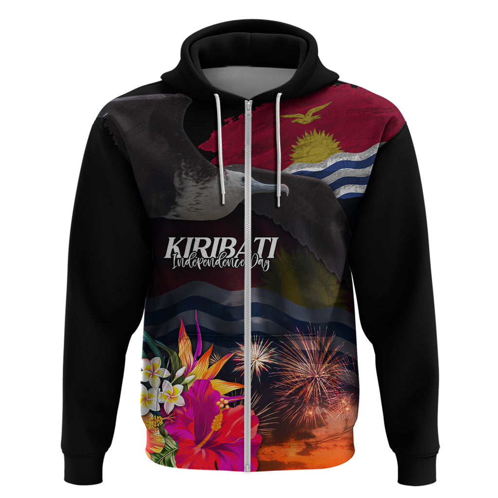 Personalised Kiribati Independence Day Hoodie Frigatebird and Plumeria Hibiscus Flower LT03 Zip Hoodie Black - Polynesian Pride