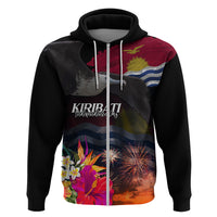 Personalised Kiribati Independence Day Hoodie Frigatebird and Plumeria Hibiscus Flower LT03 Zip Hoodie Black - Polynesian Pride