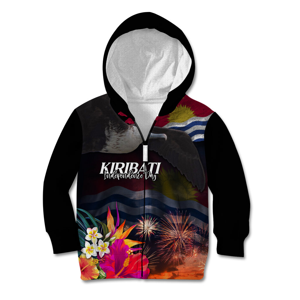 Personalised Kiribati Independence Day Kid Hoodie Frigatebird and Plumeria Hibiscus Flower LT03 Zip Hoodie Black - Polynesian Pride