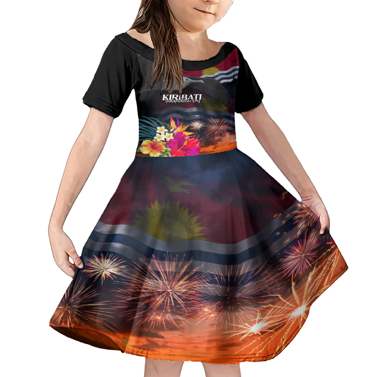 Personalised Kiribati Independence Day Kid Short Sleeve Dress Frigatebird and Plumeria Hibiscus Flower LT03 KID Black - Polynesian Pride