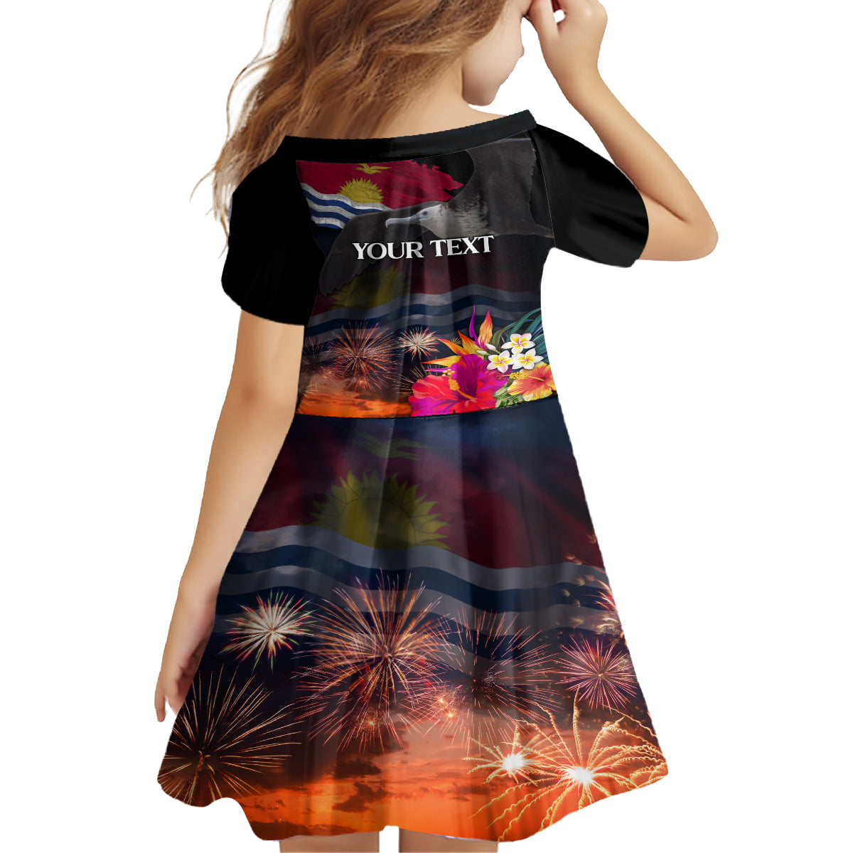 Personalised Kiribati Independence Day Kid Short Sleeve Dress Frigatebird and Plumeria Hibiscus Flower LT03 - Polynesian Pride