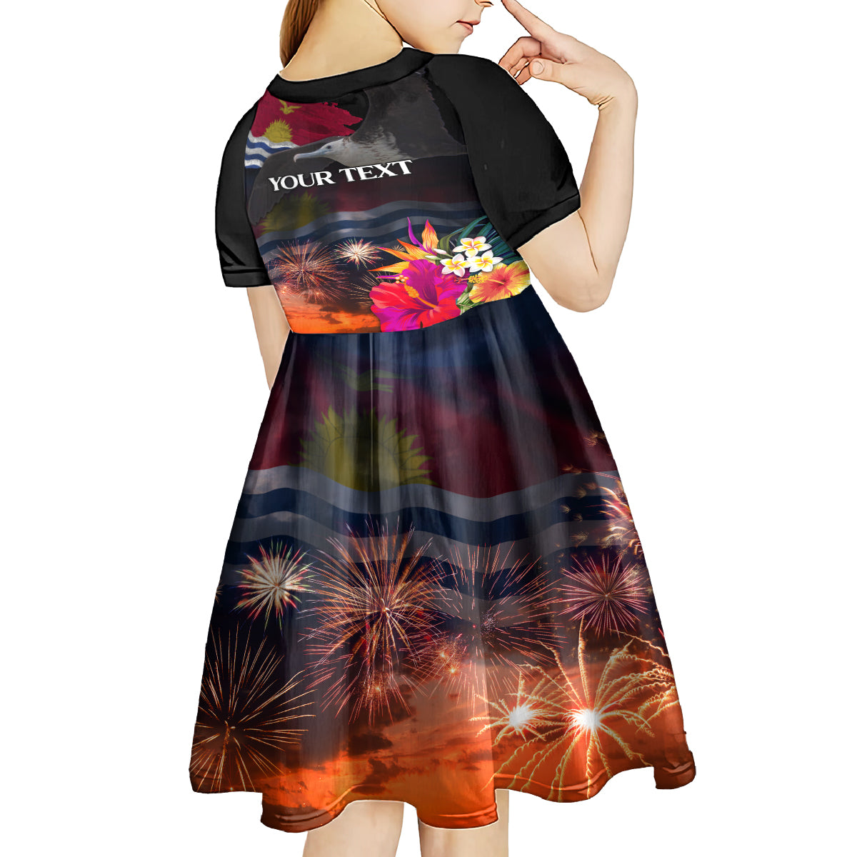 Personalised Kiribati Independence Day Kid Short Sleeve Dress Frigatebird and Plumeria Hibiscus Flower LT03 - Polynesian Pride