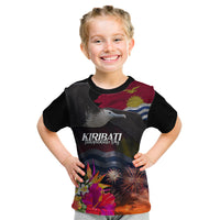 Personalised Kiribati Independence Day Kid T Shirt Frigatebird and Plumeria Hibiscus Flower LT03 Black - Polynesian Pride