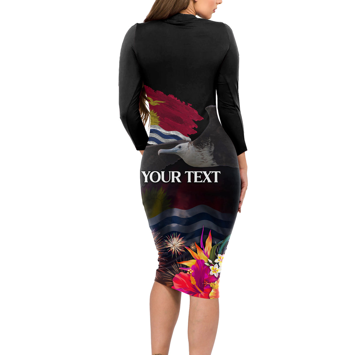 Personalised Kiribati Independence Day Long Sleeve Bodycon Dress Frigatebird and Plumeria Hibiscus Flower LT03 - Polynesian Pride