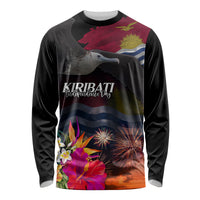 Personalised Kiribati Independence Day Long Sleeve Shirt Frigatebird and Plumeria Hibiscus Flower LT03 Unisex Black - Polynesian Pride