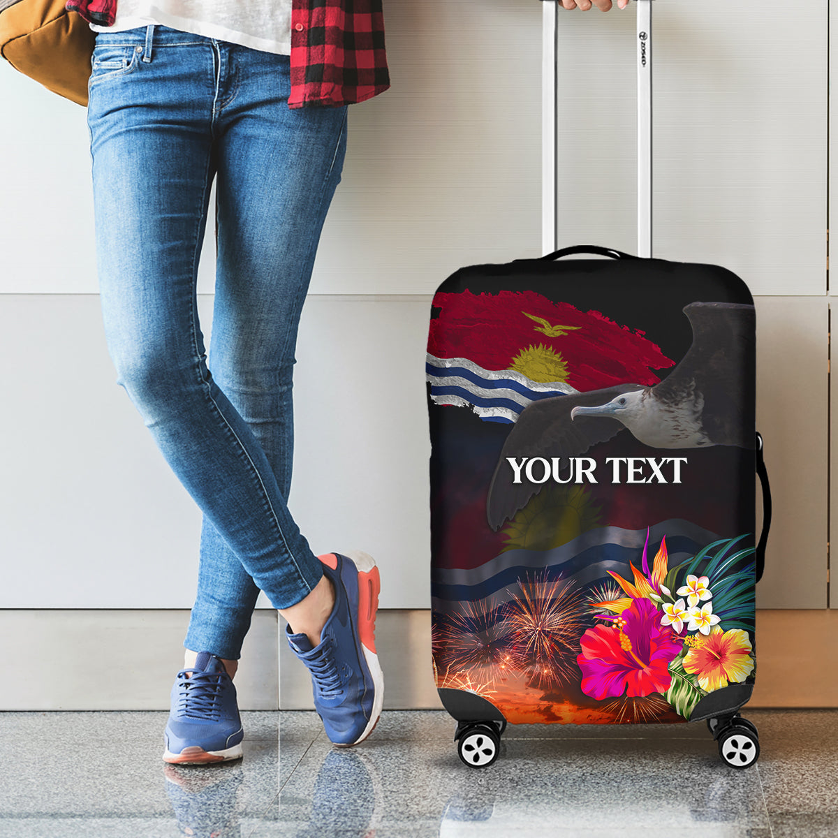 Personalised Kiribati Independence Day Luggage Cover Frigatebird and Plumeria Hibiscus Flower LT03 - Polynesian Pride