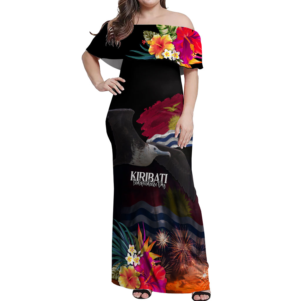 Personalised Kiribati Independence Day Off Shoulder Maxi Dress Frigatebird and Plumeria Hibiscus Flower LT03 Women Black - Polynesian Pride