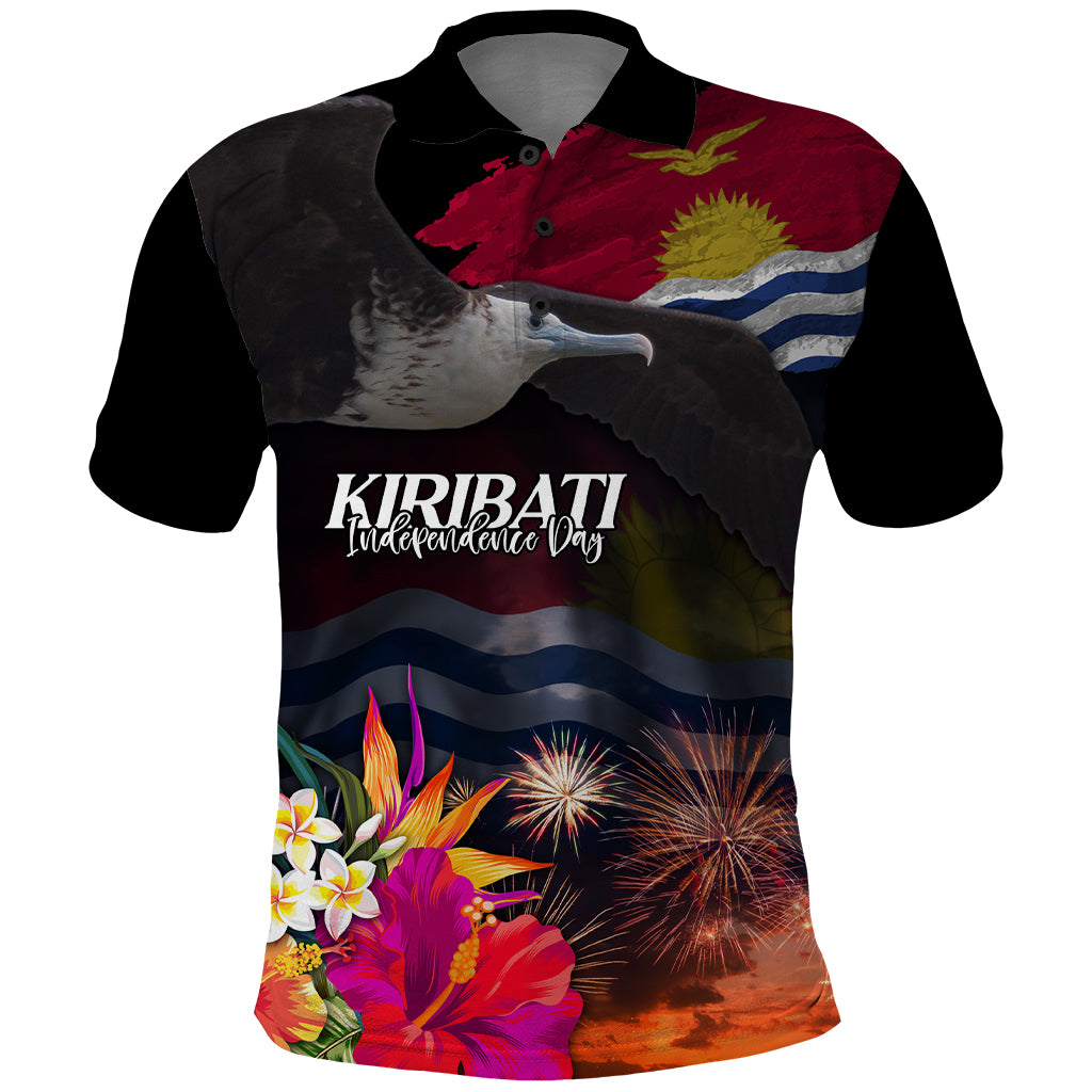 Personalised Kiribati Independence Day Polo Shirt Frigatebird and Plumeria Hibiscus Flower LT03 Black - Polynesian Pride
