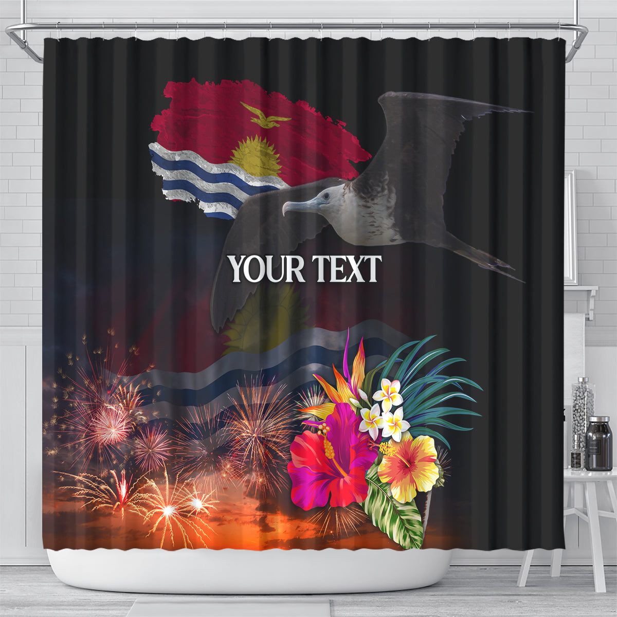 Personalised Kiribati Independence Day Shower Curtain Frigatebird and Plumeria Hibiscus Flower LT03 - Polynesian Pride
