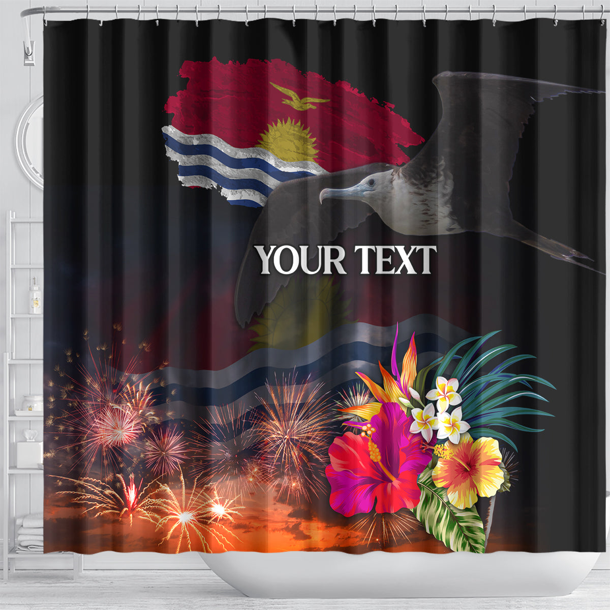Personalised Kiribati Independence Day Shower Curtain Frigatebird and Plumeria Hibiscus Flower LT03 - Polynesian Pride