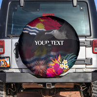 Personalised Kiribati Independence Day Spare Tire Cover Frigatebird and Plumeria Hibiscus Flower LT03 Black - Polynesian Pride