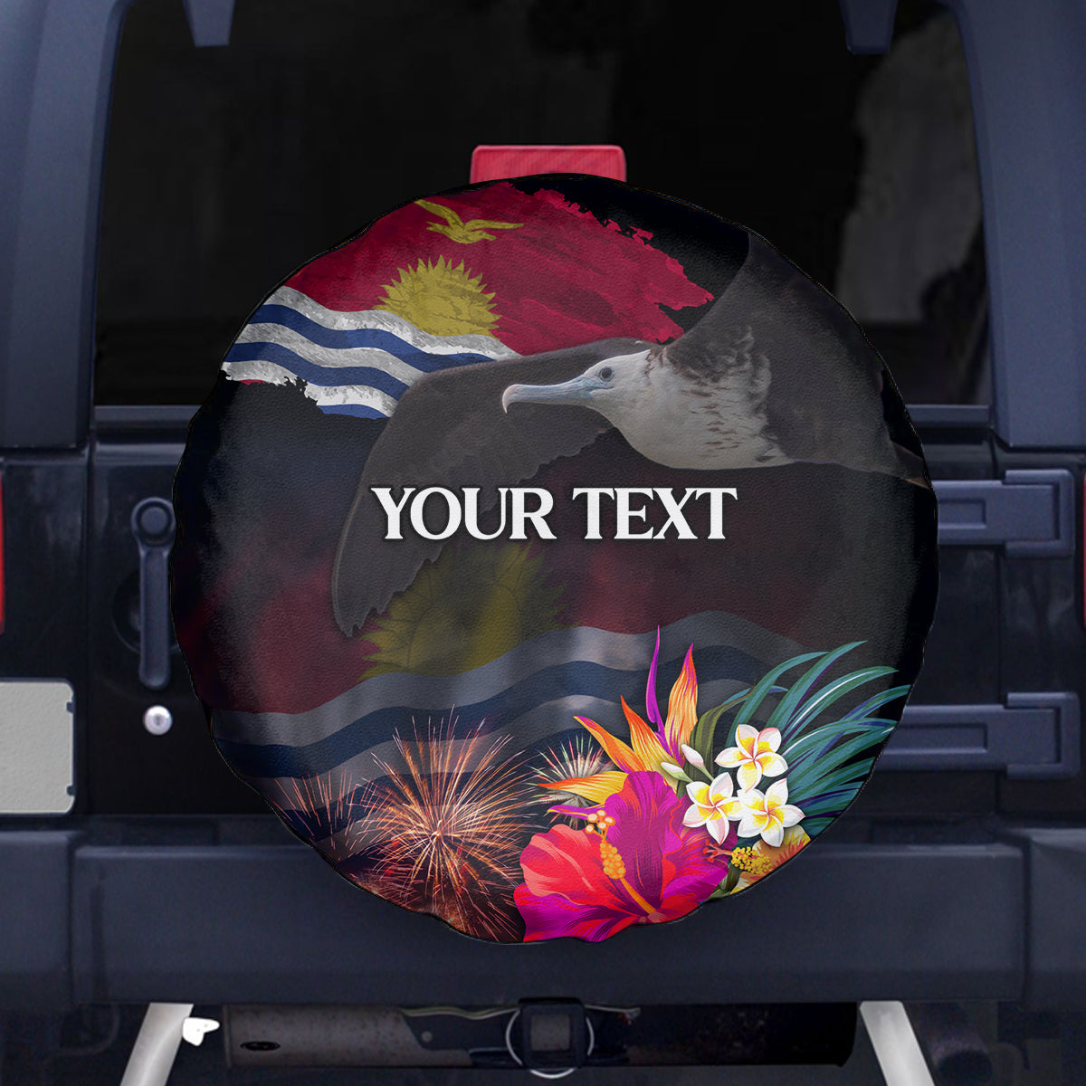 Personalised Kiribati Independence Day Spare Tire Cover Frigatebird and Plumeria Hibiscus Flower LT03 - Polynesian Pride