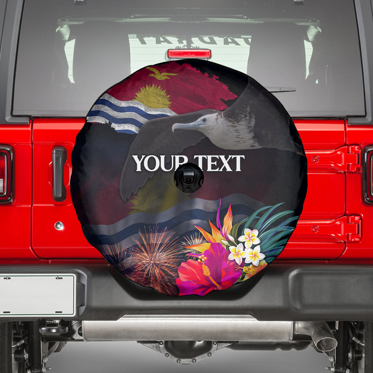 Personalised Kiribati Independence Day Spare Tire Cover Frigatebird and Plumeria Hibiscus Flower LT03 - Polynesian Pride