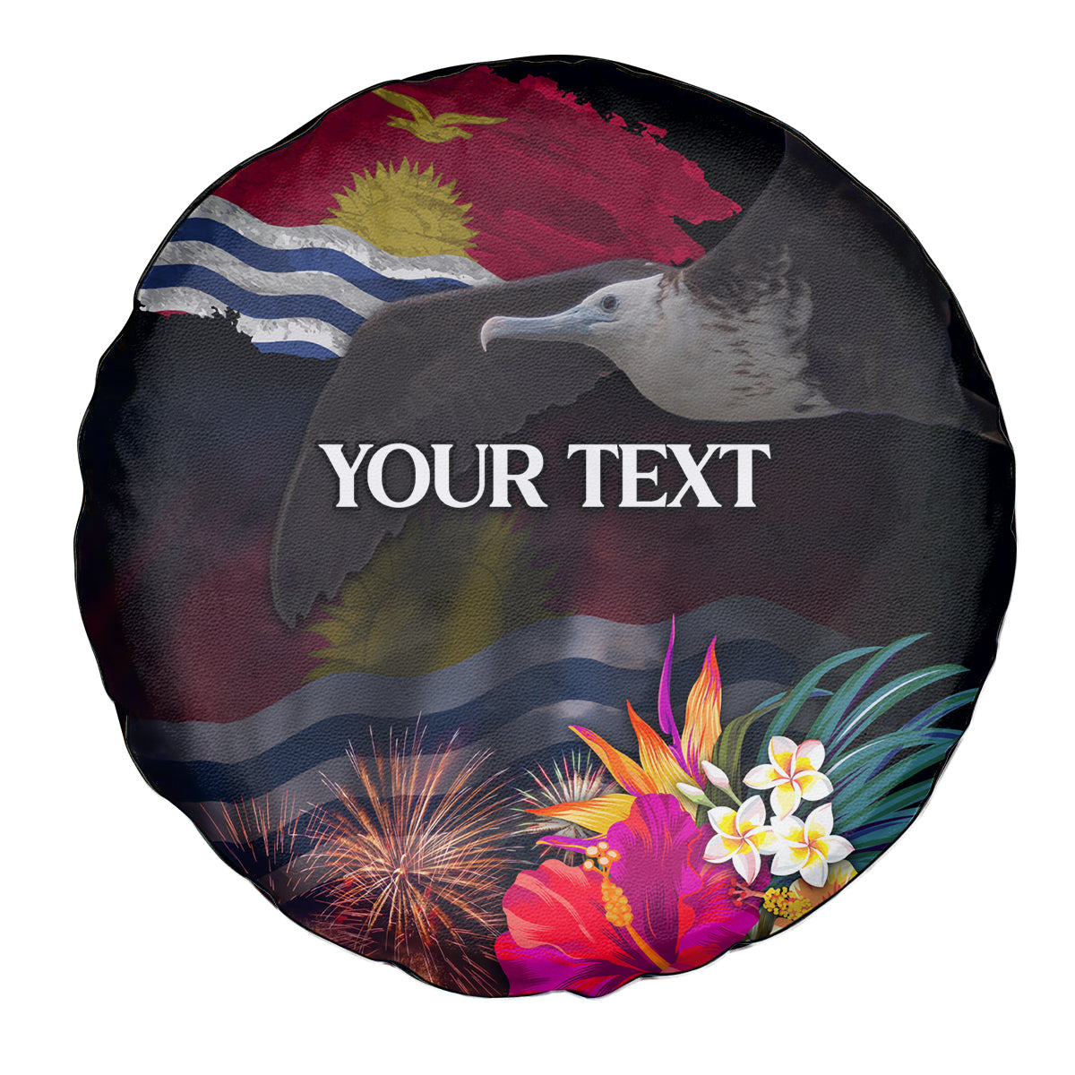 Personalised Kiribati Independence Day Spare Tire Cover Frigatebird and Plumeria Hibiscus Flower LT03 - Polynesian Pride