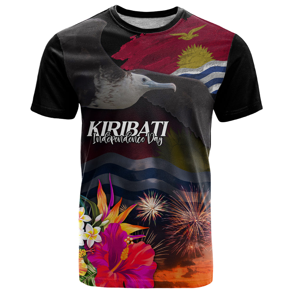 Personalised Kiribati Independence Day T Shirt Frigatebird and Plumeria Hibiscus Flower LT03 Black - Polynesian Pride