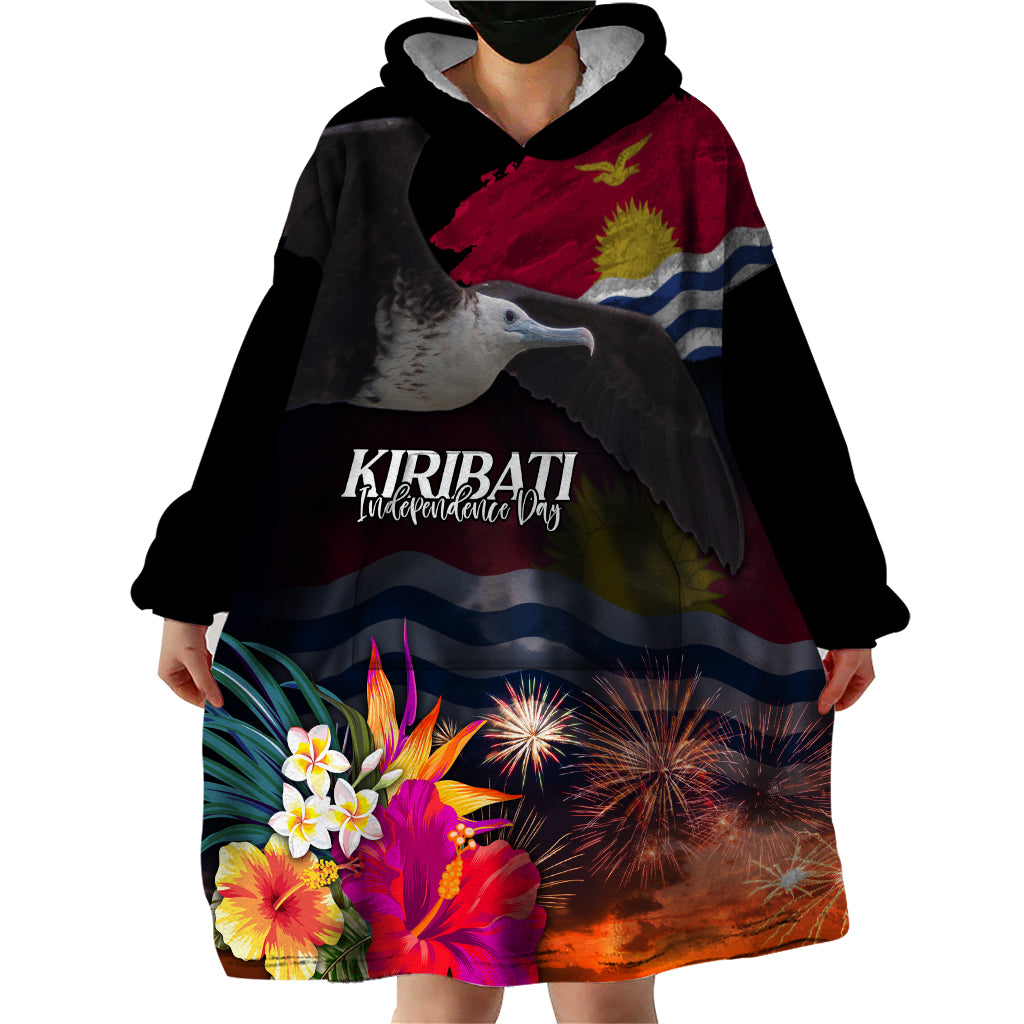 Personalised Kiribati Independence Day Wearable Blanket Hoodie Frigatebird and Plumeria Hibiscus Flower LT03 - Polynesian Pride