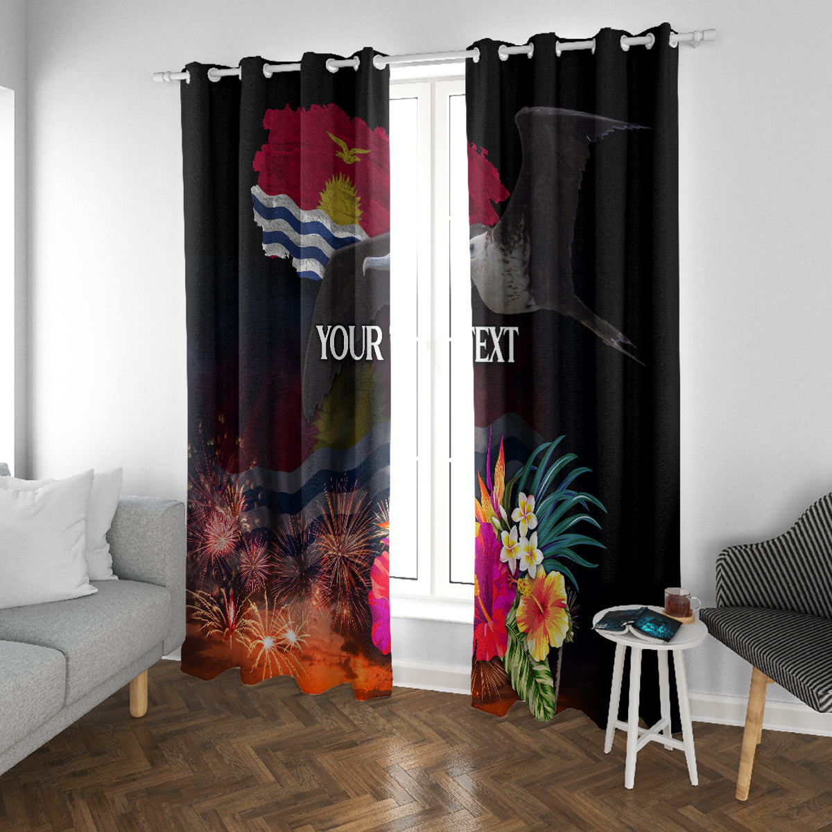 Personalised Kiribati Independence Day Window Curtain Frigatebird and Plumeria Hibiscus Flower