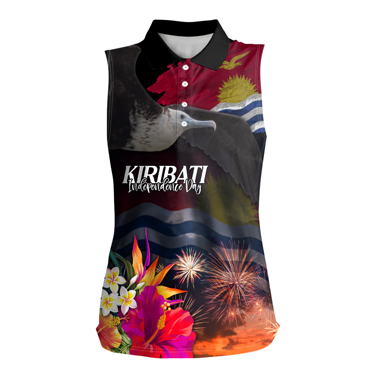 Personalised Kiribati Independence Day Women Sleeveless Polo Shirt Frigatebird and Plumeria Hibiscus Flower LT03 Female Black - Polynesian Pride