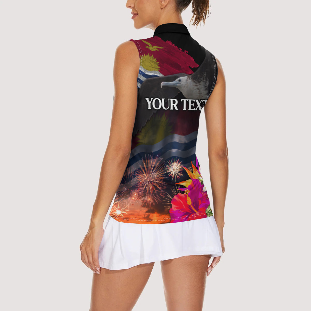 Personalised Kiribati Independence Day Women Sleeveless Polo Shirt Frigatebird and Plumeria Hibiscus Flower LT03 - Polynesian Pride