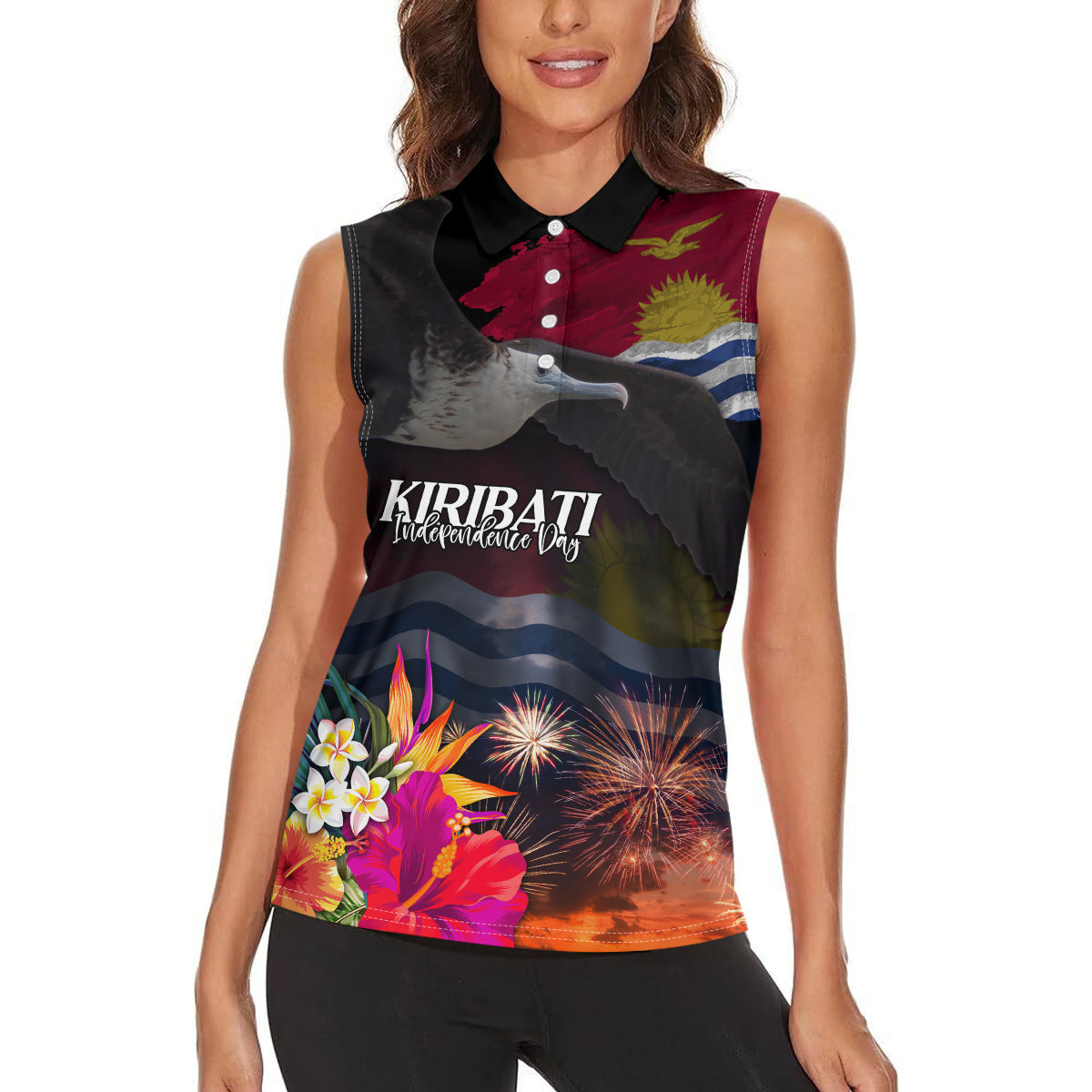Personalised Kiribati Independence Day Women Sleeveless Polo Shirt Frigatebird and Plumeria Hibiscus Flower LT03 - Polynesian Pride