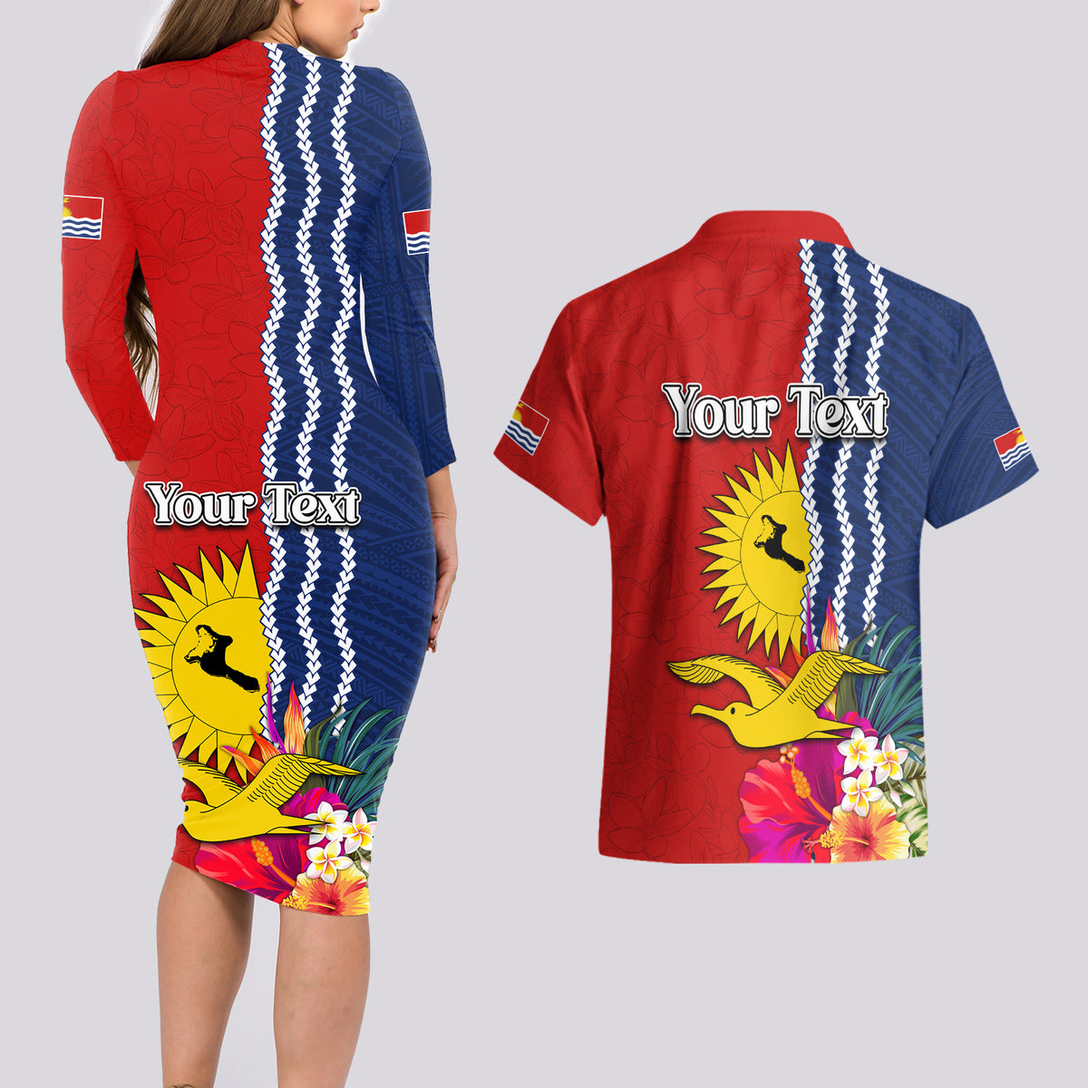 Personalised Kiribati Independence Day Couples Matching Long Sleeve Bodycon Dress and Hawaiian Shirt Kiribati Map With Flag Color LT03 - Polynesian Pride