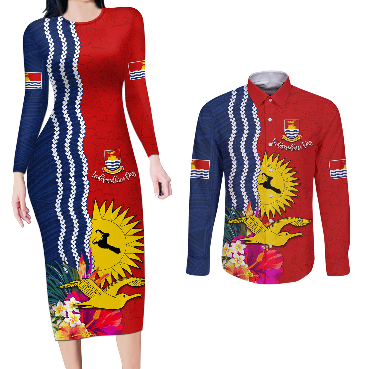 Personalised Kiribati Independence Day Couples Matching Long Sleeve Bodycon Dress and Long Sleeve Button Shirt Kiribati Map With Flag Color LT03 Red - Polynesian Pride