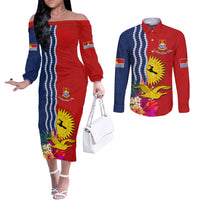 Personalised Kiribati Independence Day Couples Matching Off The Shoulder Long Sleeve Dress and Long Sleeve Button Shirt Kiribati Map With Flag Color LT03 Red - Polynesian Pride