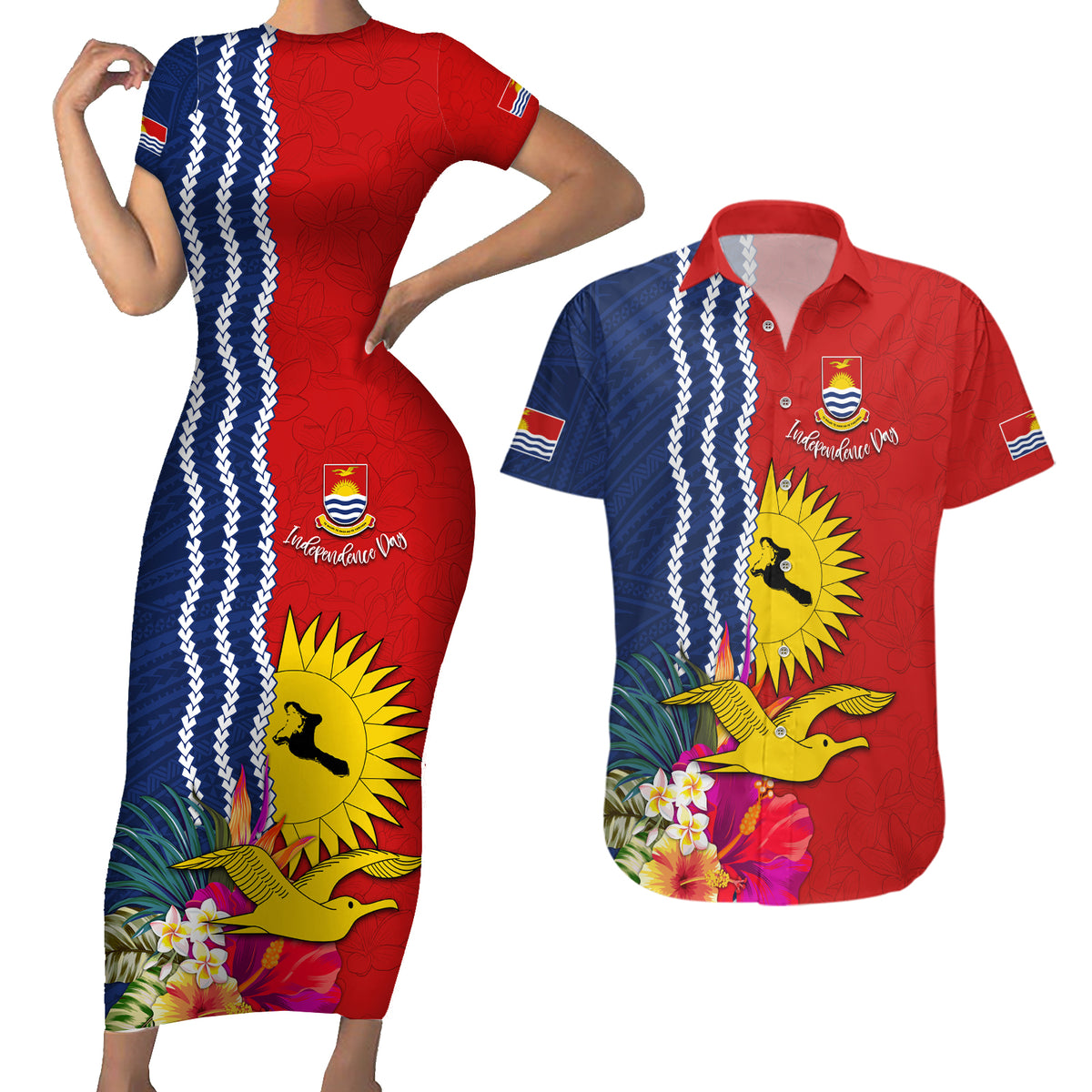 Personalised Kiribati Independence Day Couples Matching Short Sleeve Bodycon Dress and Hawaiian Shirt Kiribati Map With Flag Color LT03 Red - Polynesian Pride