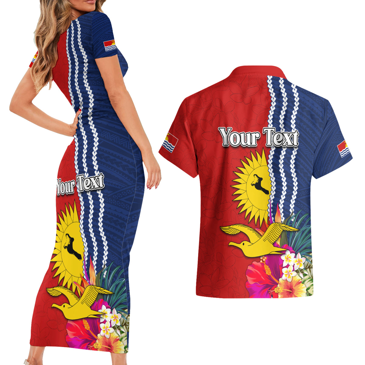Personalised Kiribati Independence Day Couples Matching Short Sleeve Bodycon Dress and Hawaiian Shirt Kiribati Map With Flag Color LT03 - Polynesian Pride