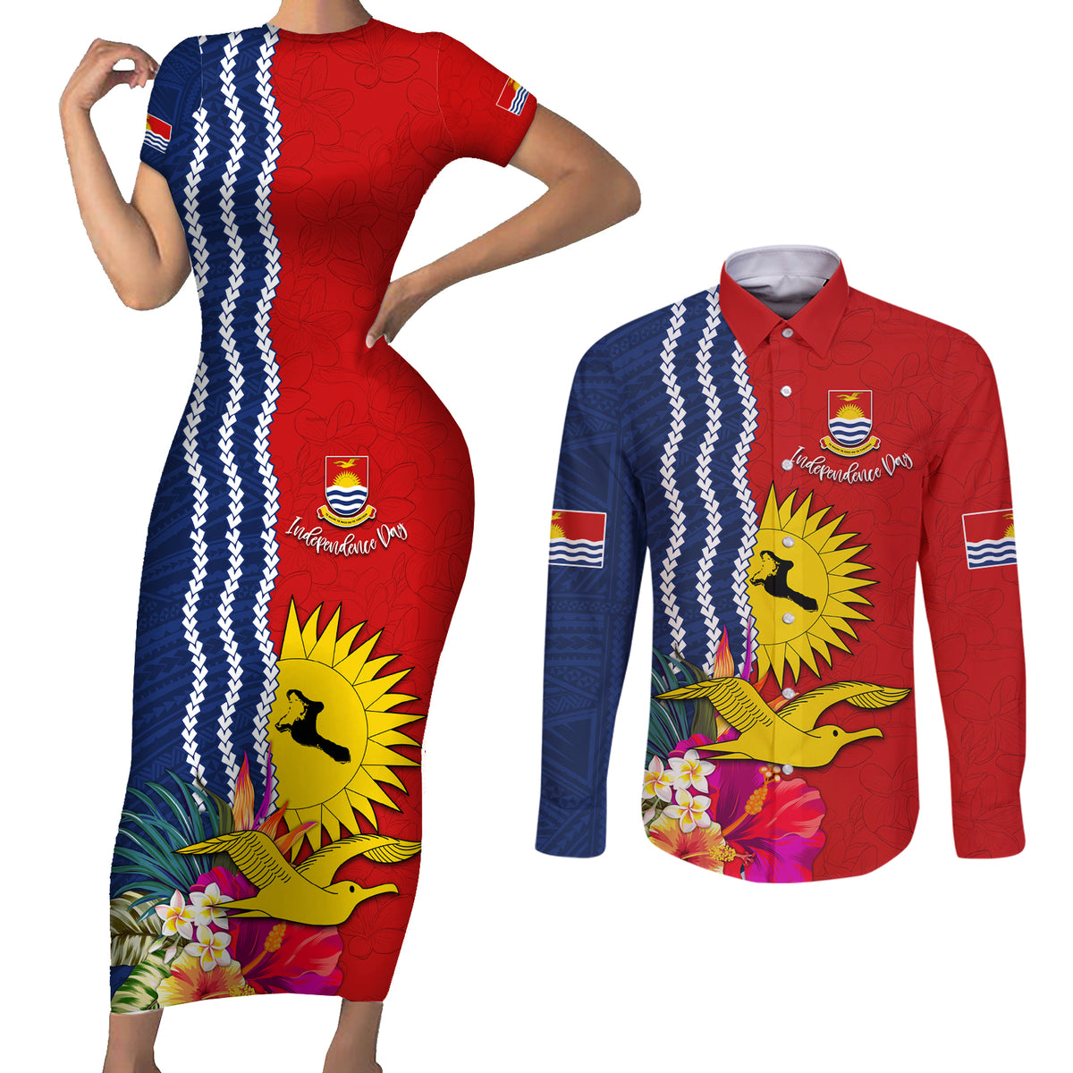 Personalised Kiribati Independence Day Couples Matching Short Sleeve Bodycon Dress and Long Sleeve Button Shirt Kiribati Map With Flag Color LT03 Red - Polynesian Pride