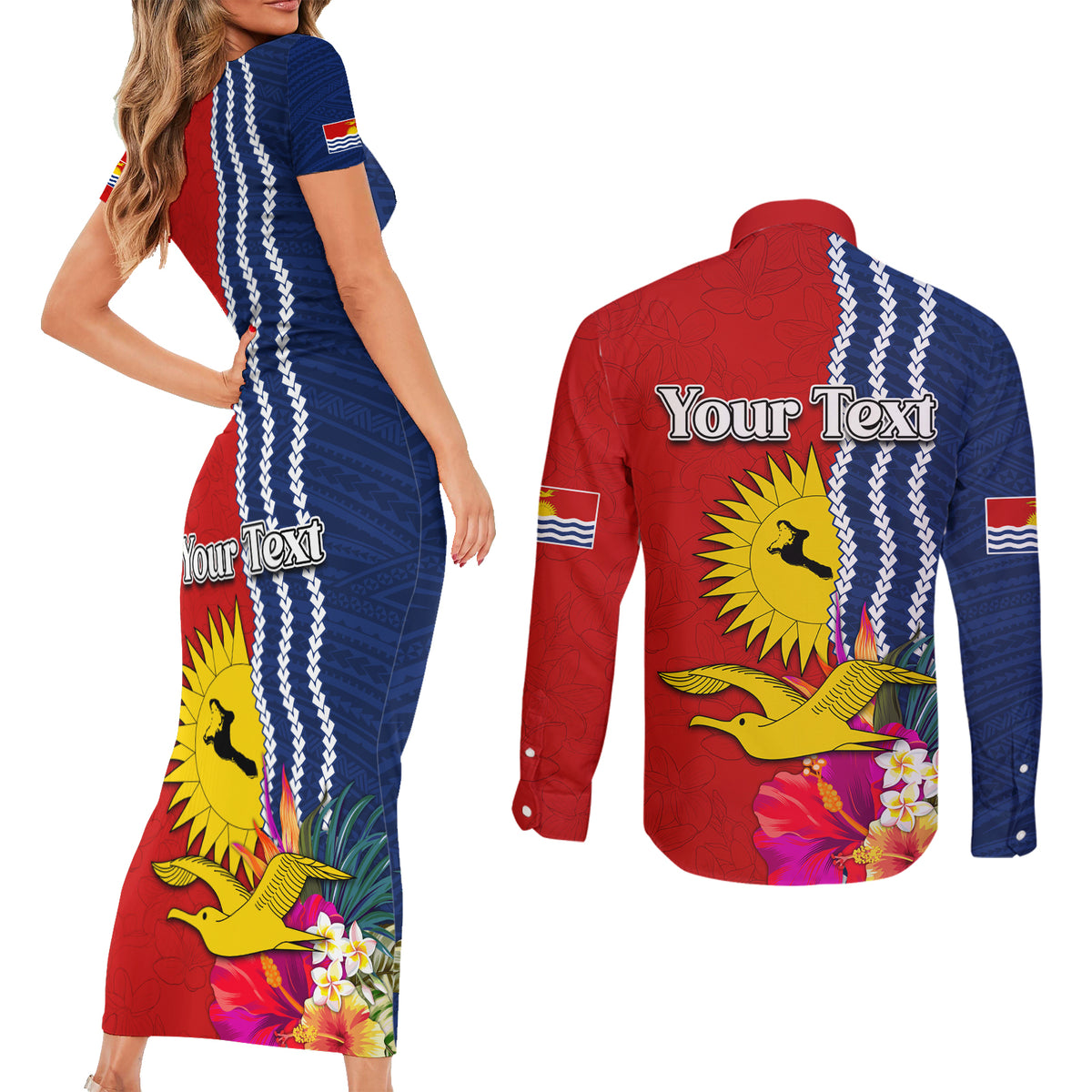 Personalised Kiribati Independence Day Couples Matching Short Sleeve Bodycon Dress and Long Sleeve Button Shirt Kiribati Map With Flag Color LT03 - Polynesian Pride