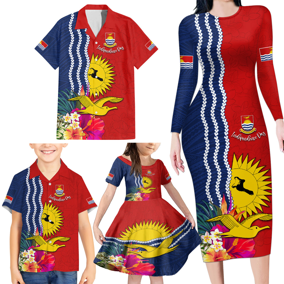 Personalised Kiribati Independence Day Family Matching Long Sleeve Bodycon Dress and Hawaiian Shirt Kiribati Map With Flag Color LT03 - Polynesian Pride