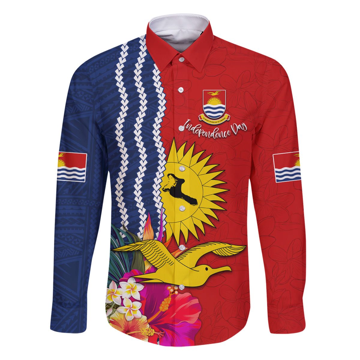 Personalised Kiribati Independence Day Family Matching Long Sleeve Bodycon Dress and Hawaiian Shirt Kiribati Map With Flag Color LT03 Dad's Shirt - Long Sleeve Red - Polynesian Pride