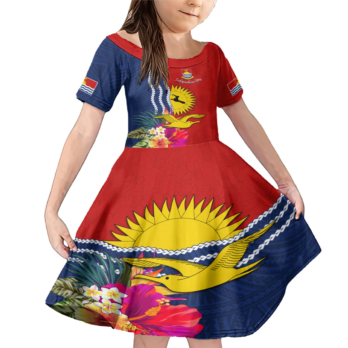 Personalised Kiribati Independence Day Family Matching Mermaid Dress and Hawaiian Shirt Kiribati Map With Flag Color LT03 Daughter's Dress Red - Polynesian Pride