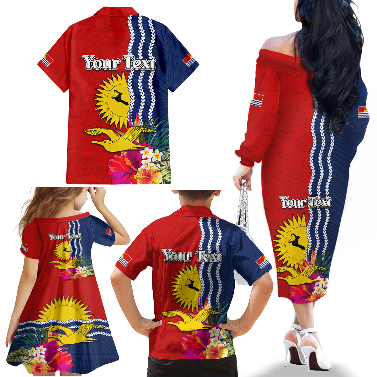 Personalised Kiribati Independence Day Family Matching Off The Shoulder Long Sleeve Dress and Hawaiian Shirt Kiribati Map With Flag Color LT03 - Polynesian Pride