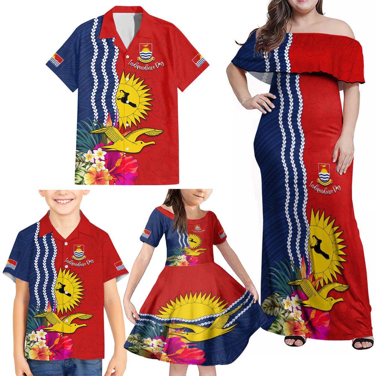 Personalised Kiribati Independence Day Family Matching Off Shoulder Maxi Dress and Hawaiian Shirt Kiribati Map With Flag Color LT03 - Polynesian Pride