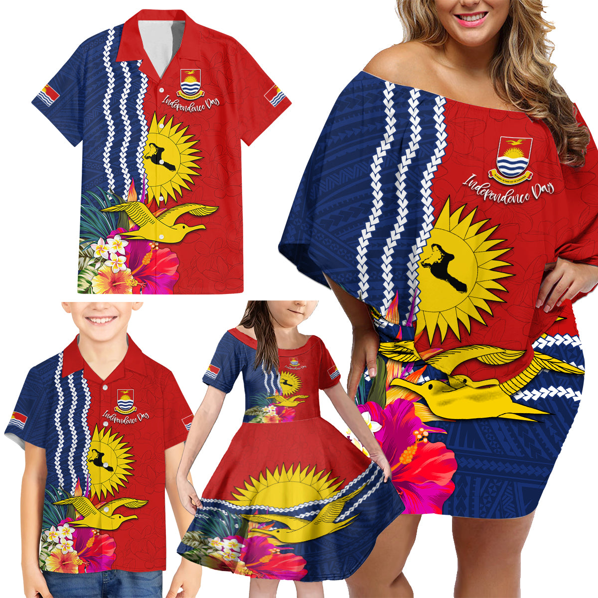 Personalised Kiribati Independence Day Family Matching Off Shoulder Short Dress and Hawaiian Shirt Kiribati Map With Flag Color LT03 - Polynesian Pride