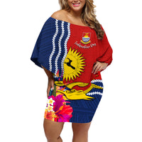 Personalised Kiribati Independence Day Family Matching Off Shoulder Short Dress and Hawaiian Shirt Kiribati Map With Flag Color LT03 Mom's Dress Red - Polynesian Pride