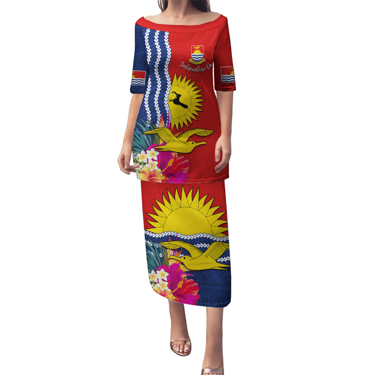 Personalised Kiribati Independence Day Family Matching Puletasi and Hawaiian Shirt Kiribati Map With Flag Color LT03 Mom's Dress Red - Polynesian Pride