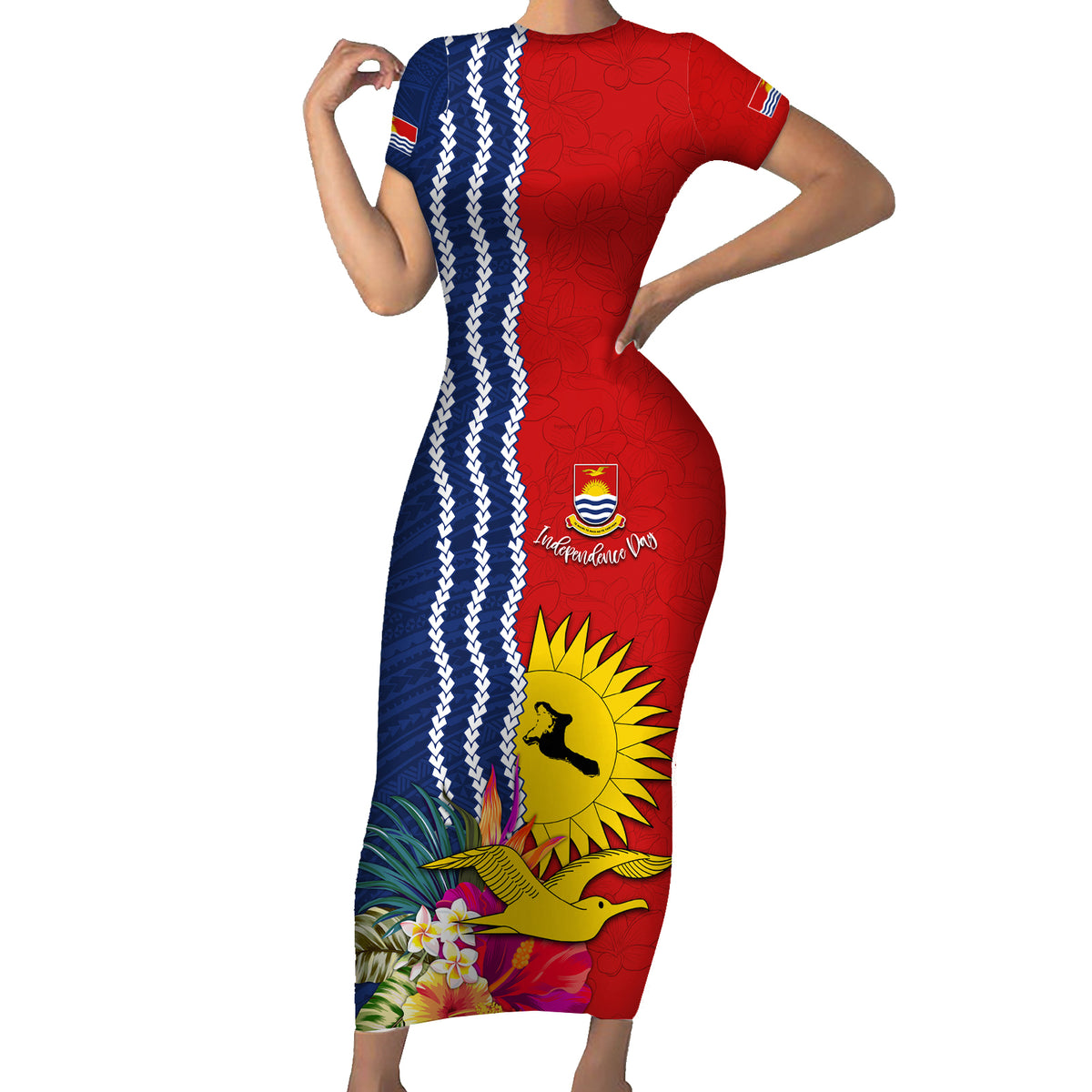 Personalised Kiribati Independence Day Family Matching Short Sleeve Bodycon Dress and Hawaiian Shirt Kiribati Map With Flag Color LT03 Mom's Dress Red - Polynesian Pride