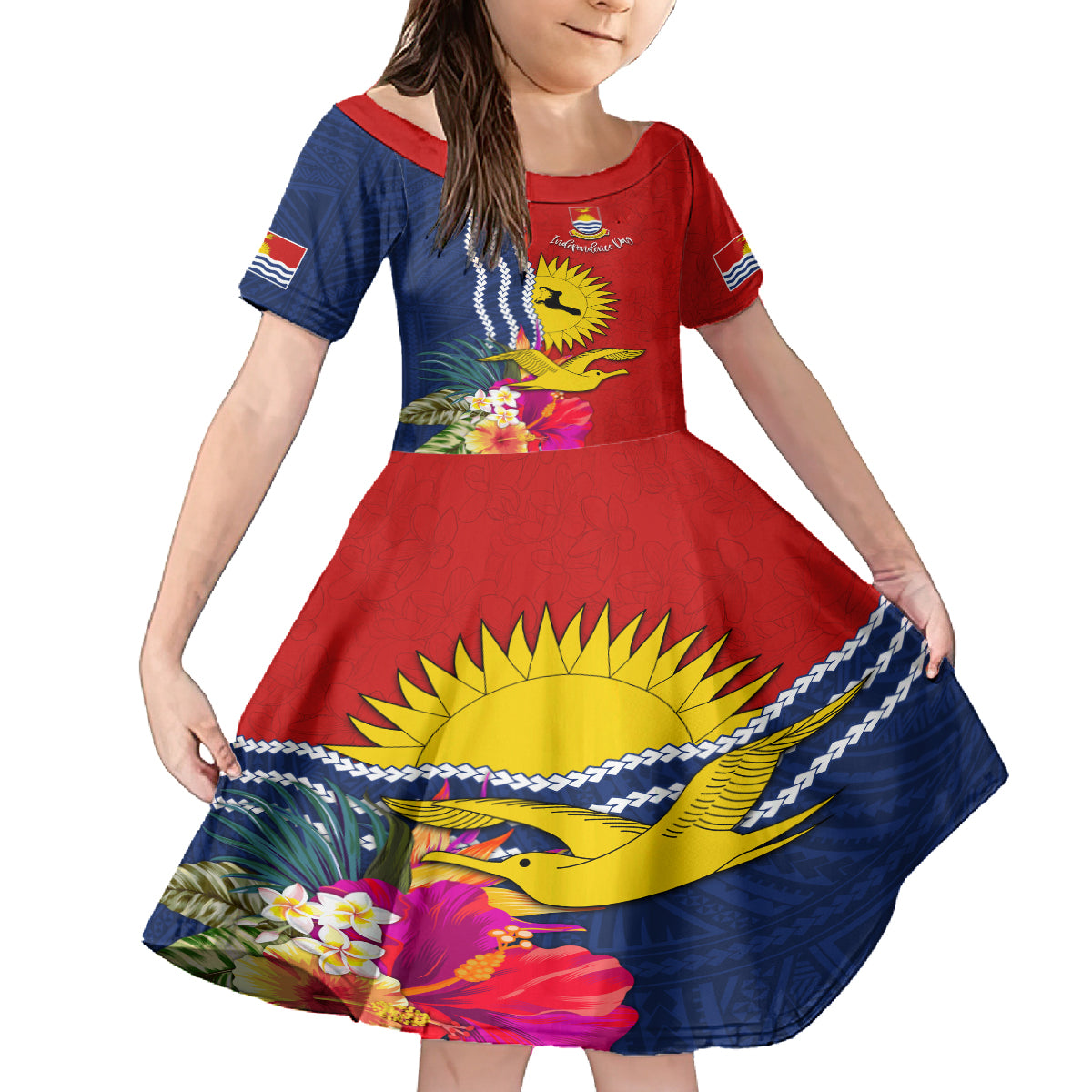 Personalised Kiribati Independence Day Family Matching Summer Maxi Dress and Hawaiian Shirt Kiribati Map With Flag Color LT03 Daughter's Dress Red - Polynesian Pride