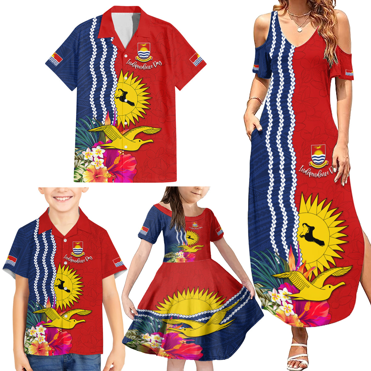 Personalised Kiribati Independence Day Family Matching Summer Maxi Dress and Hawaiian Shirt Kiribati Map With Flag Color LT03 - Polynesian Pride