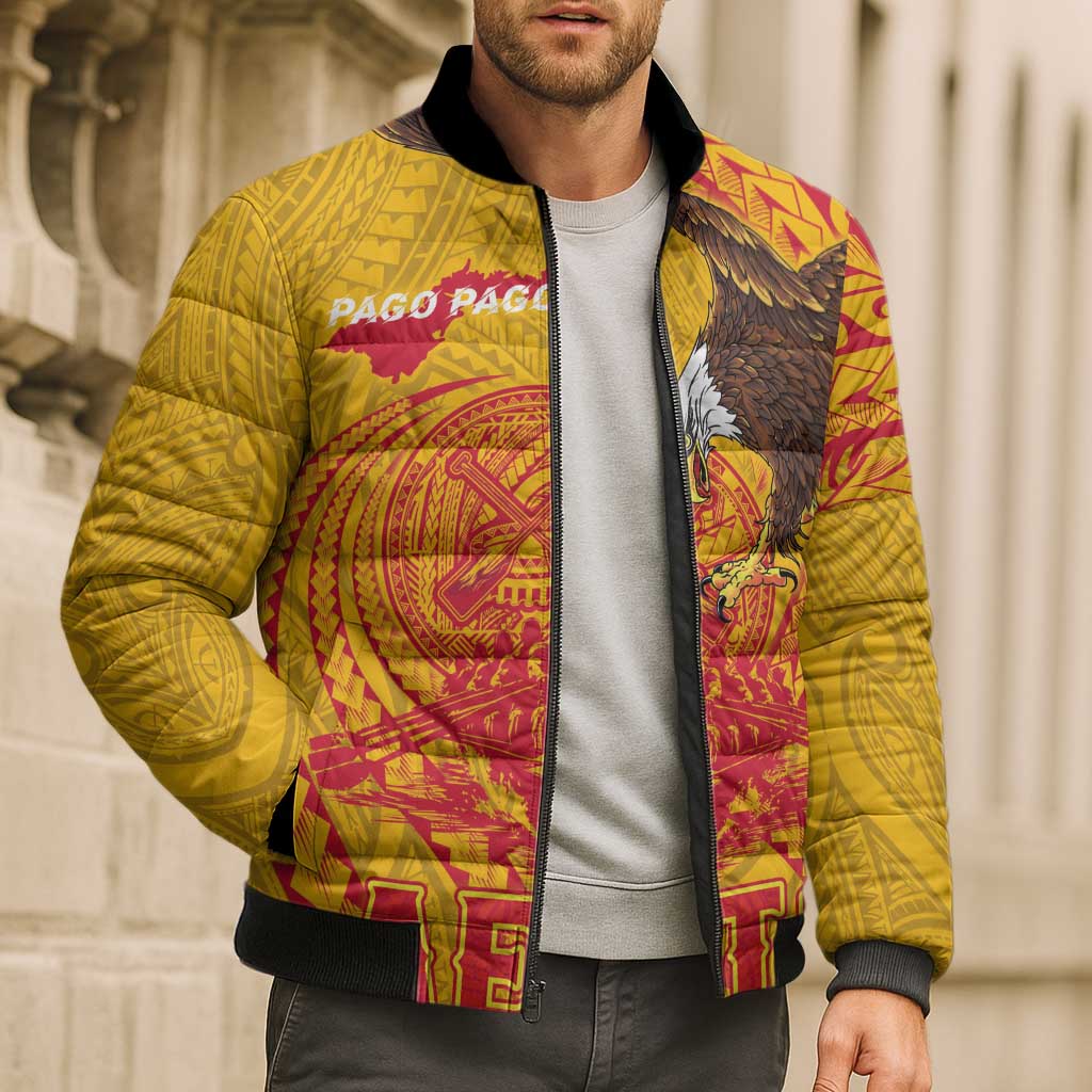 Personalized American Samoa Fautasi Race Bomber Puffer Jacket Aeto Pago Pago with Eagle Samoan Tribal Patterns