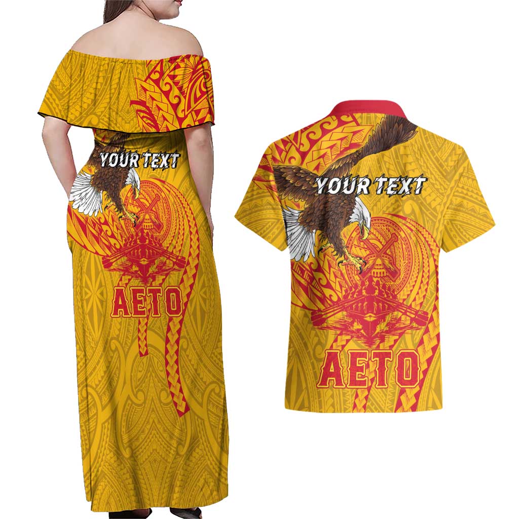 Personalized American Samoa Fautasi Race Couples Matching Off Shoulder Maxi Dress and Hawaiian Shirt Aeto Pago Pago with Eagle Samoan Tribal Patterns LT03 - Polynesian Pride