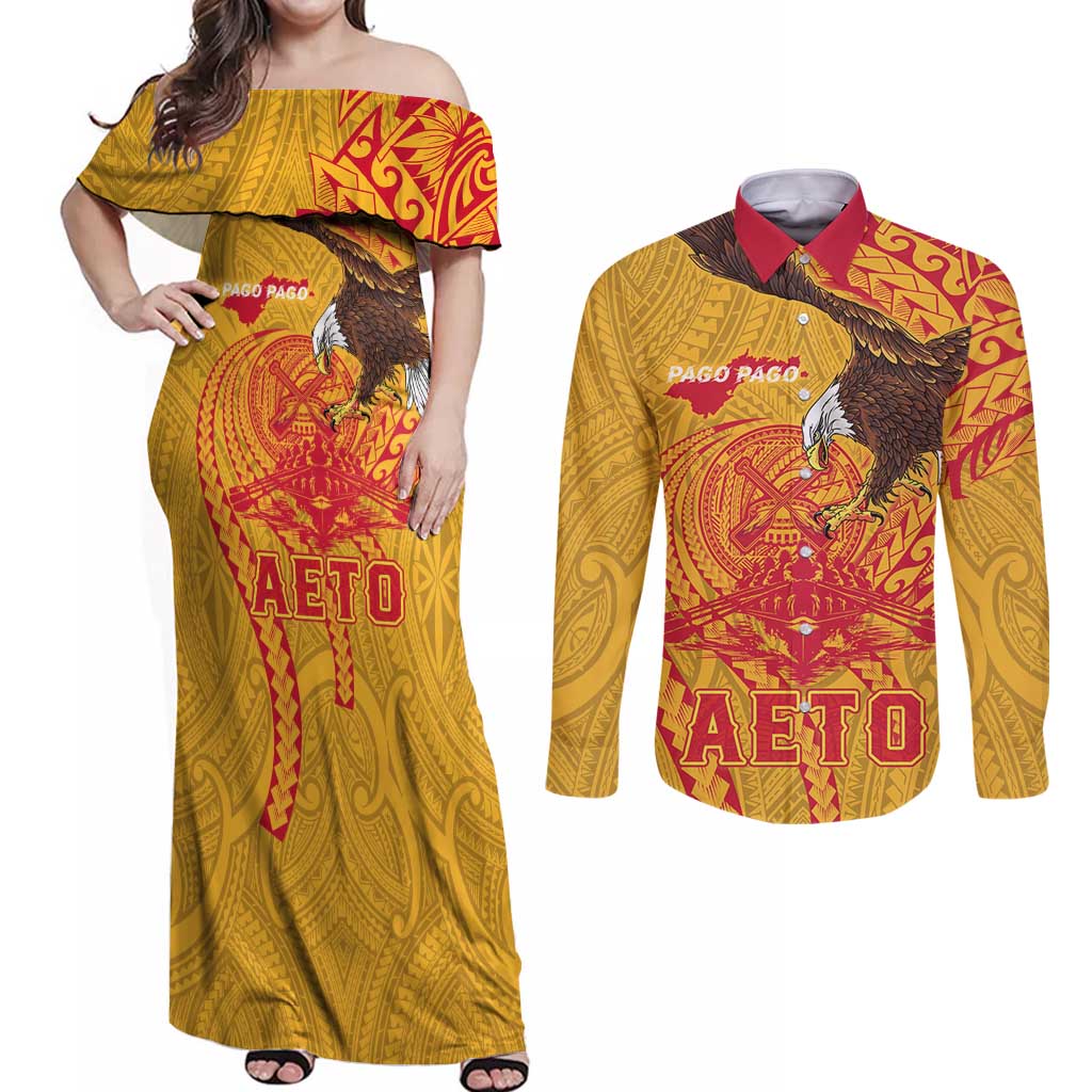 Personalized American Samoa Fautasi Race Couples Matching Off Shoulder Maxi Dress and Long Sleeve Button Shirt Aeto Pago Pago with Eagle Samoan Tribal Patterns