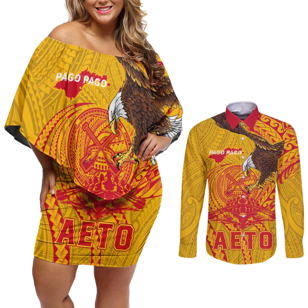 Personalized American Samoa Fautasi Race Couples Matching Off Shoulder Short Dress and Long Sleeve Button Shirt Aeto Pago Pago with Eagle Samoan Tribal Patterns